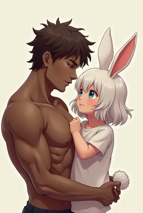 Draw me a little 4 year old girl with white bunny ears and white hair, Blue eyes and fair skin fucking a dark-skinned, brown-haired man twice the size of the girl, both having sex