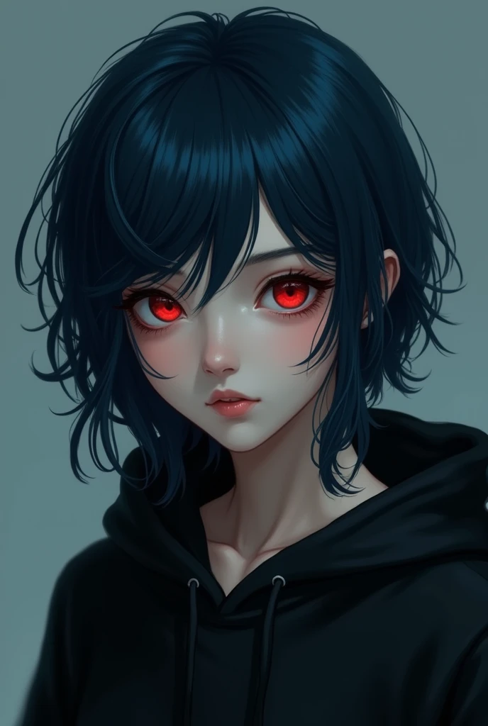 girl , dark blue hair , modern day mullet hair style , black hoodie , red eyes , almond eye