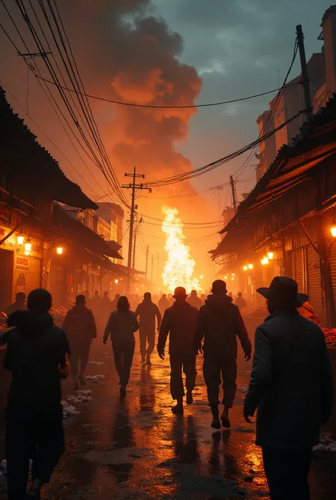 In the dark of night, the burning laundry market and the rush of people in it