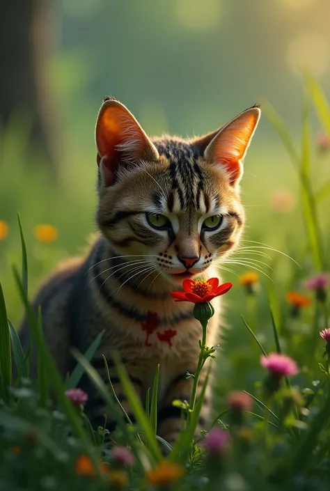 cat with injury on body, if there is presence of blood.  in a land full of tall grass, smelling a flower. more realistic image