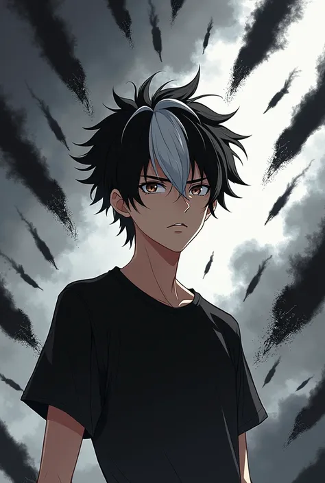 anime boy, black and white hair, surrounded by black meteors, wearing a black shirt
