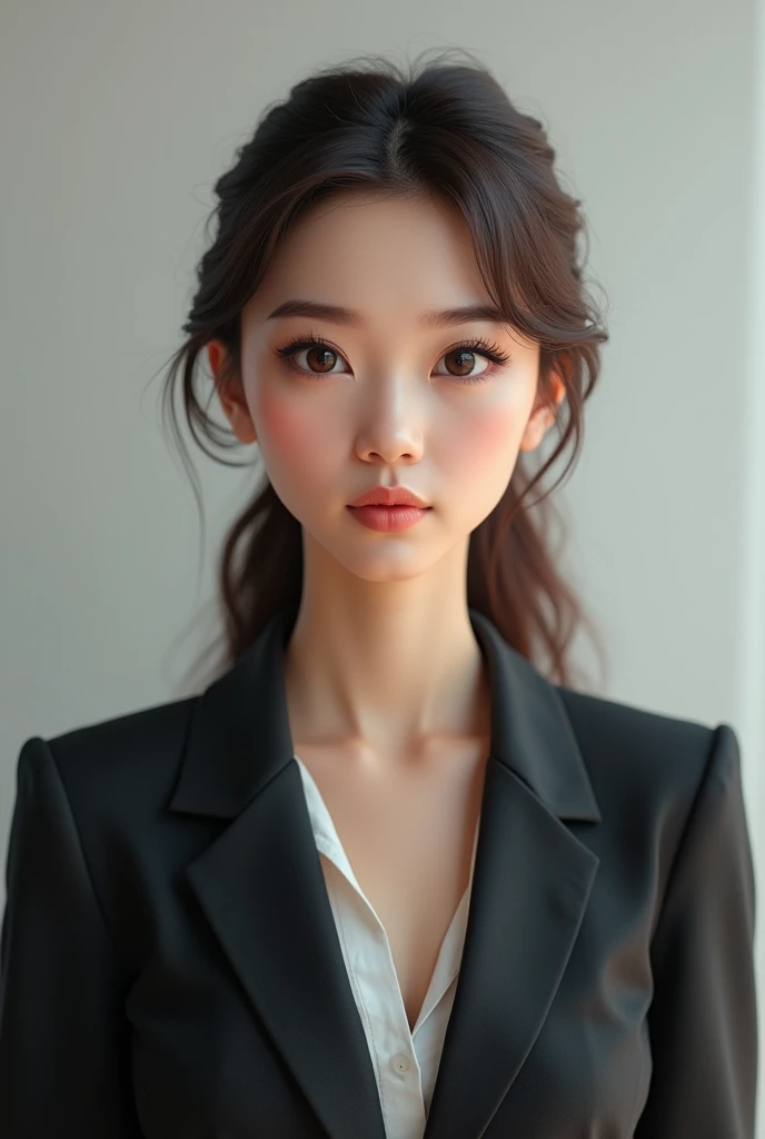 Create an ultra realistic model of a woman on the computer with a blazer for a Whatsapp profile picture with a computer