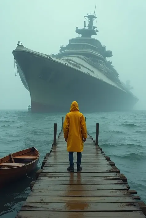 A man from behind wearing a yellow raincoat with the hood placed standing on a pier, a wooden boat tied to the left side of the pier, a giant stark wars spaceship that crashed into the sea