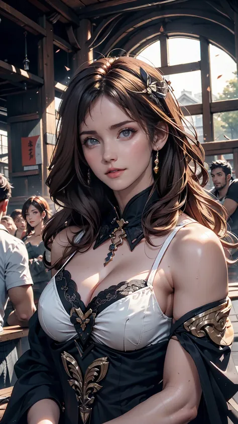 (Highest quality, 8k, masterpiece :1.3), Handsome woman with perfect figure and long hair :1.4, Zhongli, Zhongli, Dark brown hair, Swollen breasts, Genshin Impact, On the Ruins, In the hands of a gun, Highly detailed face and skin, Detailed eyes, double ey...