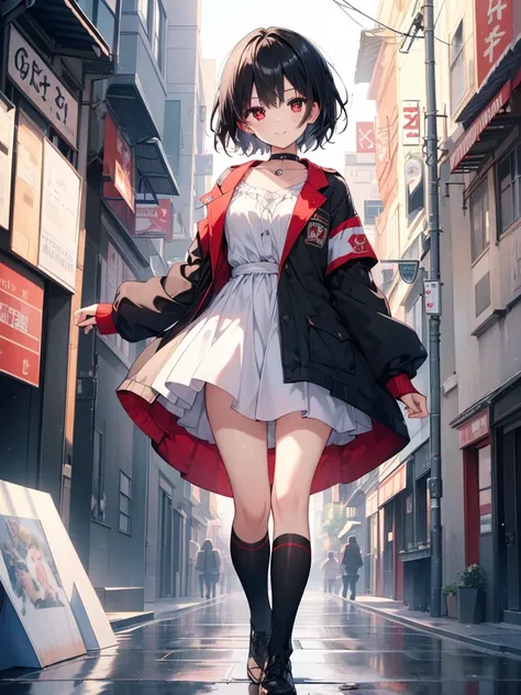 (masterpiece, highest quality, highest quality, (No text), Beautiful and aesthetic:1.2),No text,アニメ、BREAK,One Girl，Black Hair Girl　 adult　short hair　older sister　choker　Beautiful eyes　Red eyes　cool　smile　Black and Red　Cute clothes　Black jacket　stockings　wh...