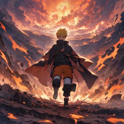 1boy, Naruto Uzumaki, Naruto, protagonist, determined, orange jumpsuit with a dark red cloak and a yellow and black pattern, standing on a ground full of debris and flames in the middle of a large crater, epic, best quality, very aesthetic, absurdres