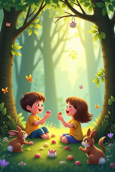 drawning, children sitting on the ground in a forest, with sweets and little animals around, with joy 