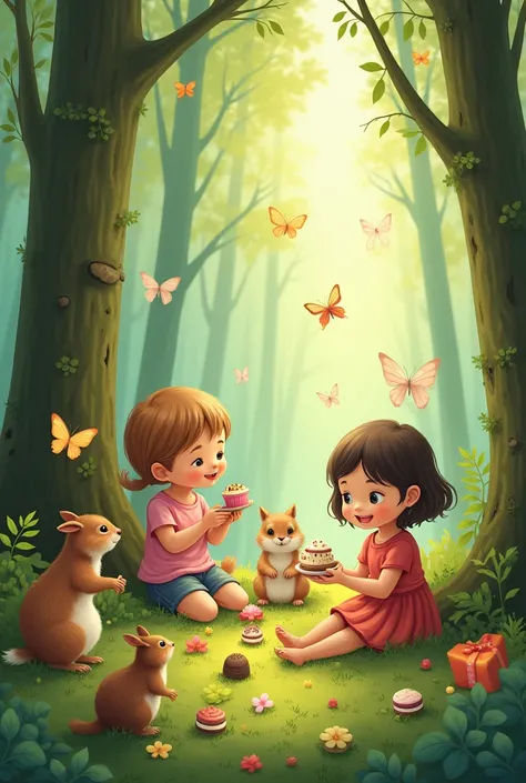 drawning, children sitting on the ground in a forest, with sweets and little animals around, with joy 