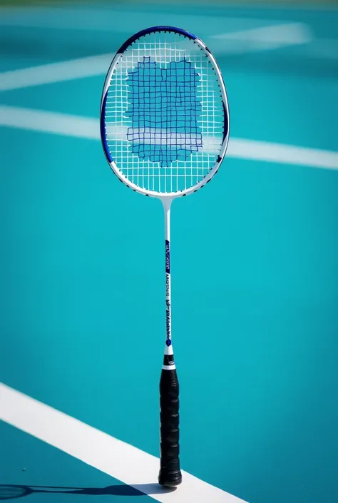 white batminton racket with blue string and black grip