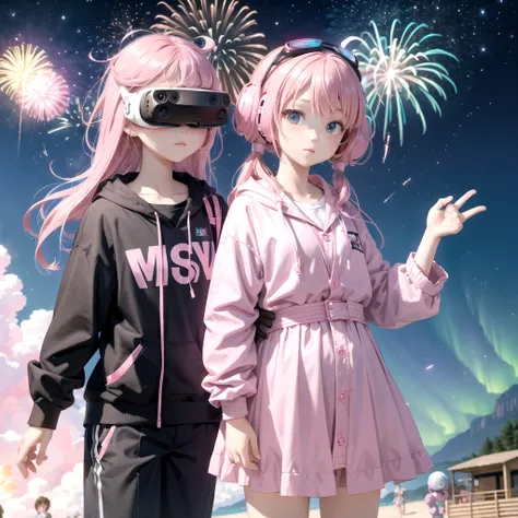 Pink haired elementary school student、vr goggles、Aurora、Humanoid Robot、Summer vacation、homework、hot summer、Drone in the sky、firework、