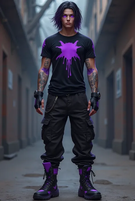 A young adult with purple eyes, with slightly long hair, "endomorfo" and in good shape, and wears black clothes with purple details.
badass clothing: t - shirt, cargo pants, combat boots.
He is actually a slime in his humanoid form..