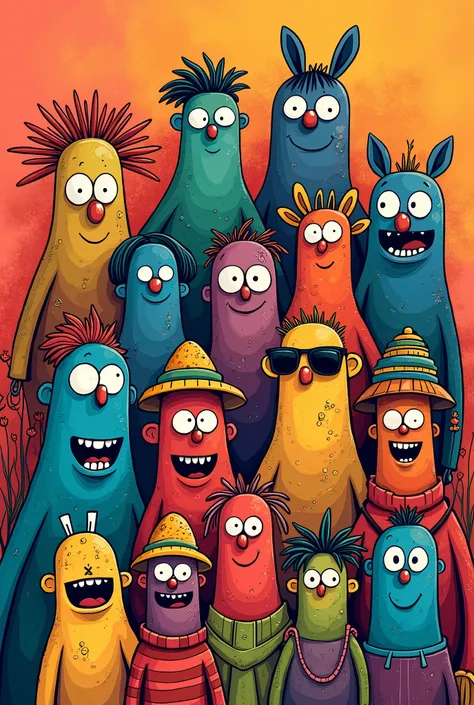 Cartoon characters are grouped together in a colorful drawing style., People who are stuck in a rut, colorful Doodle Art, Hand drawn cartoon art style, Doodle Art, !!! Very consistent.!!! vector art, Colorful illustrations, digital art. Colorful cartoons, ...