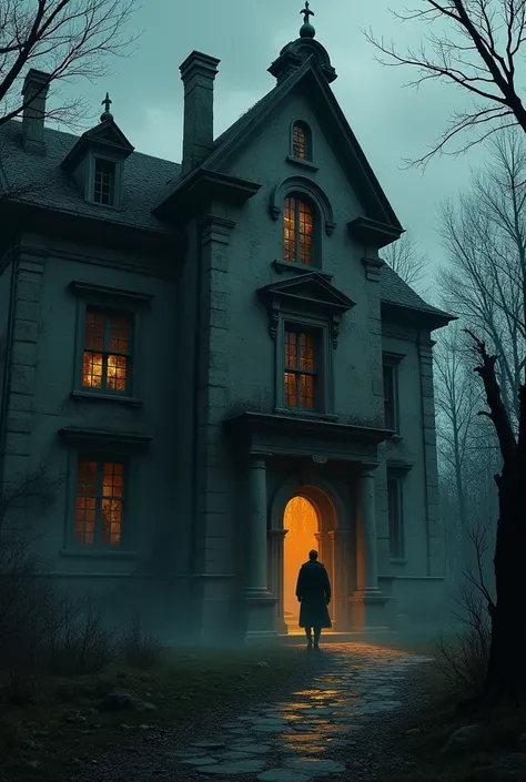 A large, old mansion with shuttered windows and a neglected appearance. The house is shrouded in shadows, with only a few lights on inside. Stark, with a serious expression, guide Hatherley to the entrance.
