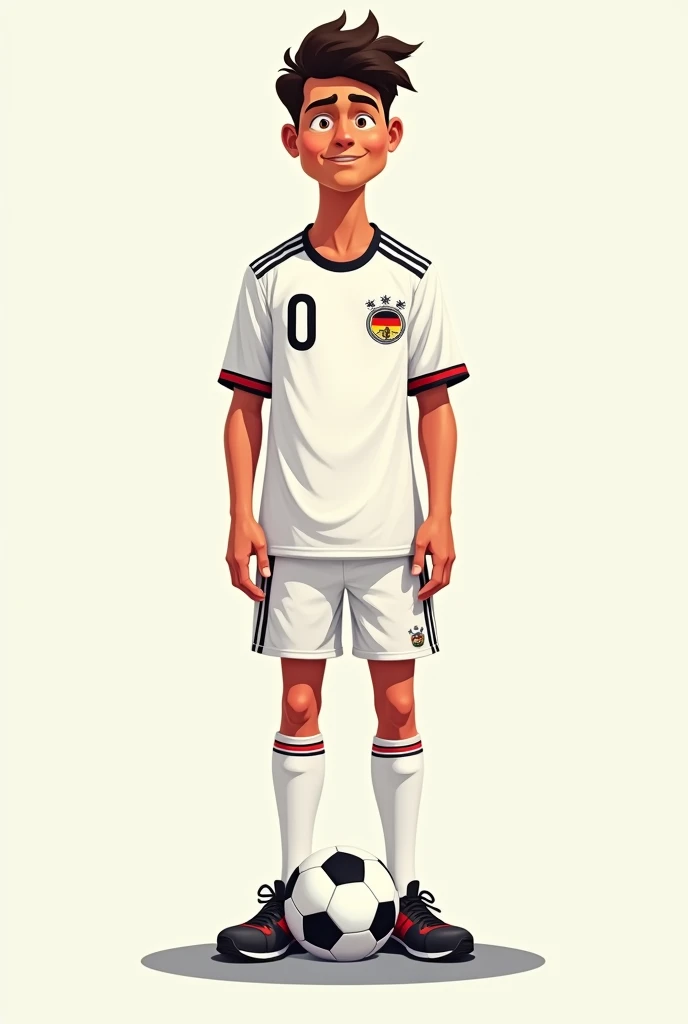 Generates a cartoon tall teenage man with a soccer ball wearing the current white uniform of the Germany national team with the flag of Germany with the number 0 on the shirt without a background, only the person