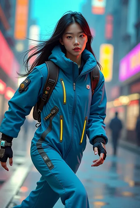 Chinese women average age 15 year old wear jumpa shuit high tech(( blue yellow)). Running effect. Glowing yellow power. Runfast effect. Wear blue big glasses big frame. Braces teeth. Boleh background. Panning effect. Yellow high tech watch. a beautiful you...