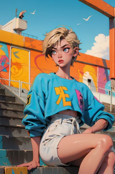 10-year-old boy (Androgynous appearance) with short wavy blonde hair, hazel eyes, flat chest, wearing a white tank top with a colorful print, hazel Bermuda shorts, posing sitting on a staircase with graffiti, upper body, concrete staircase background with ...