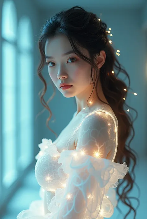 ((gem_Light elements)), (translucent luminous body_Wearing a white frilly shirt), (girl made of light: 1.2, long curly hairstyle，Exquisite facial features，light:1.3), (Minimalism: 0.5), (Frontal gaze close-up angle: 1.3), 4K, high dynamic range, Acid Graph...