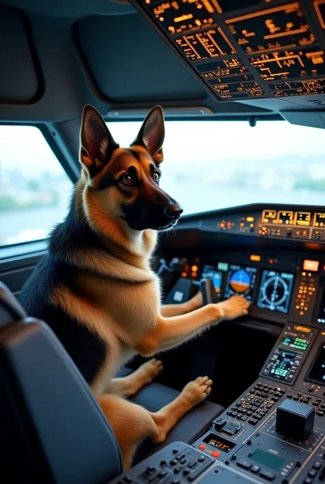 A German Shepherd dog piloting an Airbus plane
