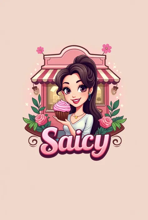 The logo I want is a woman holding a cupcake in front of a cafe, with a background or color theme of pink and violet, and the name "Saicy"  In front,included in the design.