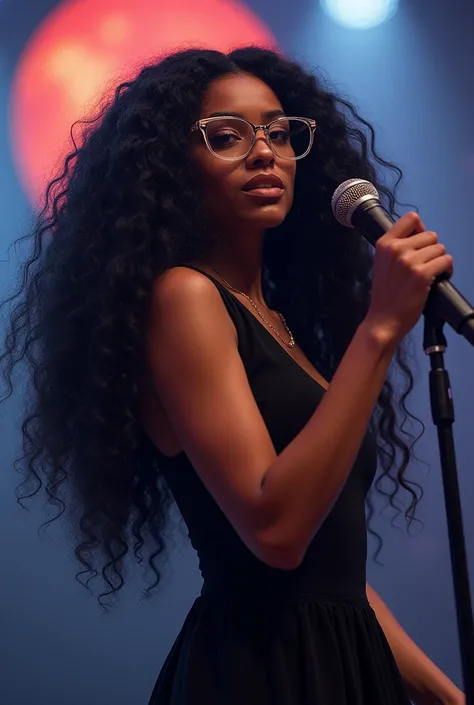 Realistic White woman Singer in show With long Black curly hair, With glasses