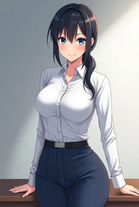 Anime Japanese woman, working woman, uniform, black hair, long hair, low ponytail, blue eyes, tight white shirt, tight navy blue slacks, beautiful e-cup breasts, nice ass, small office in the company, having sex