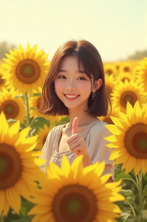 a woman in a field of sunflowers giving the thumbs up to the camera, beautiful sunflower anime girl, sunflower field, girl frontal in a flower field, sunflowers in the background, sunflowers, girl in a flower field, scene : sunflower field, scene: sunflowe...