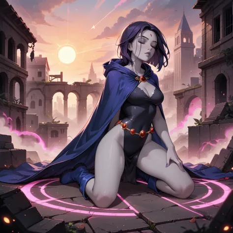 score_9, score_8_up, score_7_up, score_6_up, BREAK 1girl, (Raven, grey skin, bare legs, cape, boots:1.5), sexy woman, cleavage, BREAK (spells, pink energy, rune symbols:1.2), (kneeling, legs spread:1.3), eyes closed, BREAK (building ruins:1.1), (sunset:1.2...