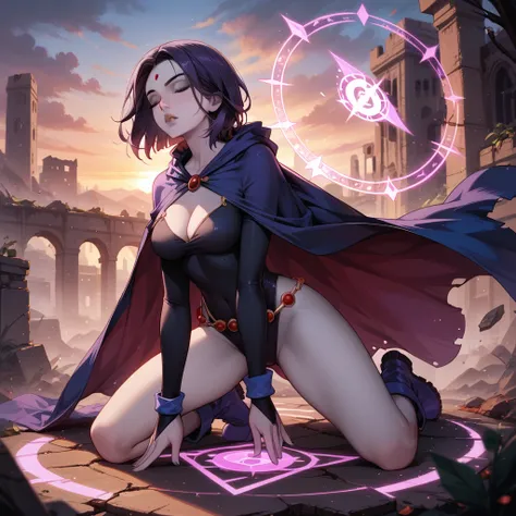 score_9, score_8_up, score_7_up, score_6_up, BREAK 1girl, (Raven, grey skin, bare legs, cape, boots:1.5), sexy woman, cleavage, BREAK (spells, pink energy, rune symbols:1.2), (kneeling, legs spread:1.3), eyes closed, BREAK (building ruins:1.1), (sunset:1.2...