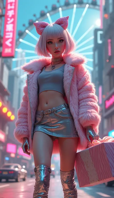 Absurd, The absolute solution, incredibly Absurd, High resolution, Super detailed, Official Art, unity 8k wallpaper, (Shine:1.6), break 1 girl, difficult, Silver pink bob hair, bow, Cyber Costume, Fur jacket, Grey Shirt, skirt, Neon Light costume, boots, c...