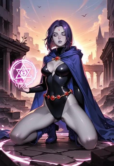 score_9, score_8_up, score_7_up, score_6_up, BREAK 1girl, (Raven, grey skin, bare legs, cape, boots:1.5), sexy woman, cleavage, BREAK (spells, pink energy, rune symbols:1.2), (kneeling, legs spread:1.3), eyes closed, BREAK (building ruins:1.1), (sunset:1.2...