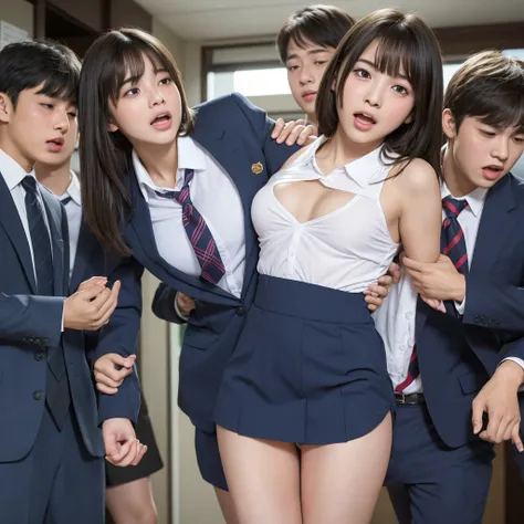 A beautiful innocent girl surrounded by excited high school boys, Cute baby face like an idol, She screams with her mouth open in shame after being molested in public and watched from close range, A high school boy tears off his school uniform, revealing h...