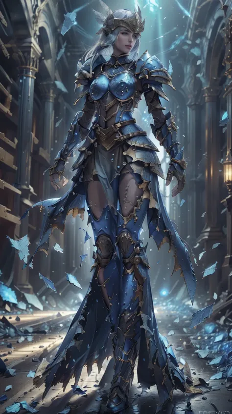 lenneth from 'valkyrie profile', blue plate mech4rmor, blue breastplate armor (broken/damaged), (damaged armor exposing random s...