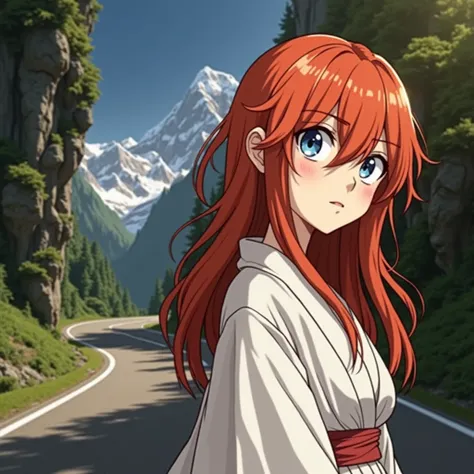 Background mountain road,Red long hair,White robe,girl,Exaggerated expression,Holding a car in one hand