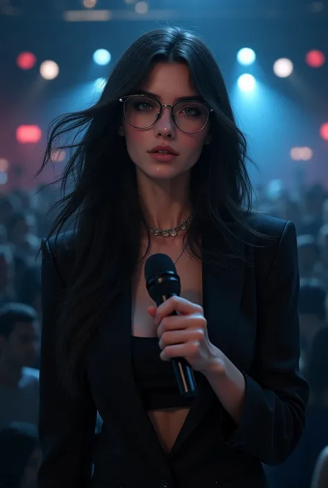 Realistic White woman Singer in show she has long Black hair, With glasses. Look The câmera portrait