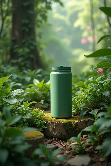 A natural background with a wide variety of plants. in half, there is a minimalist green tea can for an advertisement 