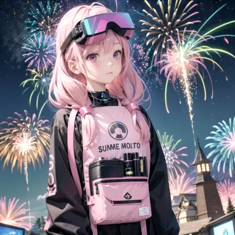 Pink haired elementary school student、vr goggles、Aurora、Humanoid Robot、Summer vacation、homework、hot summer、Drone in the sky、firework、future、2050、Afutureの世界、cyber-
