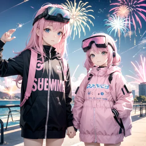 Pink haired elementary school student、vr goggles、Aurora、Humanoid Robot、Summer vacation、homework、hot summer、Drone in the sky、firework、future、2050、Afutureの世界、cyber-
