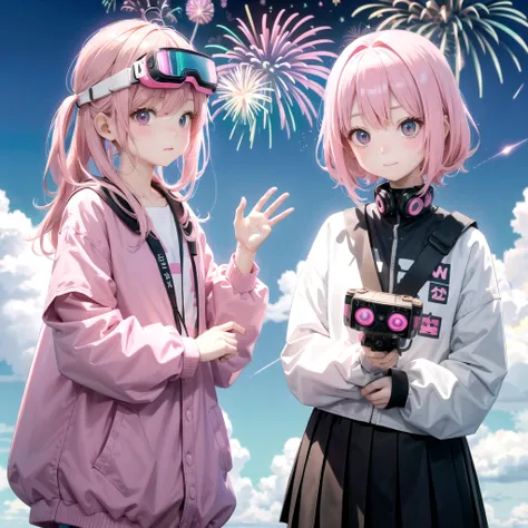 Pink haired elementary school student、vr goggles、Aurora、Humanoid Robot、Summer vacation、homework、hot summer、Drone in the sky、firework、future、2050、Afutureの世界、cyber-
