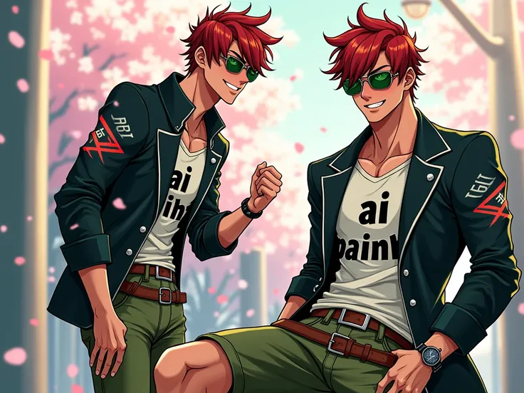 work of art, best quality, full body, 1 boy, black jacket, red hair, green shorts, blushing, wristwatch, muscles, sunglasses, leather belt, collarbone, white shirt with text in saying "Ai Painho! ", biker shot, eyebrows visible through the hair, Gradient h...