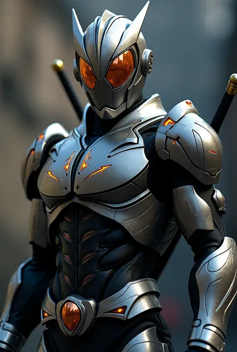 A close up of kamen rider with full body armor and a sword on the back