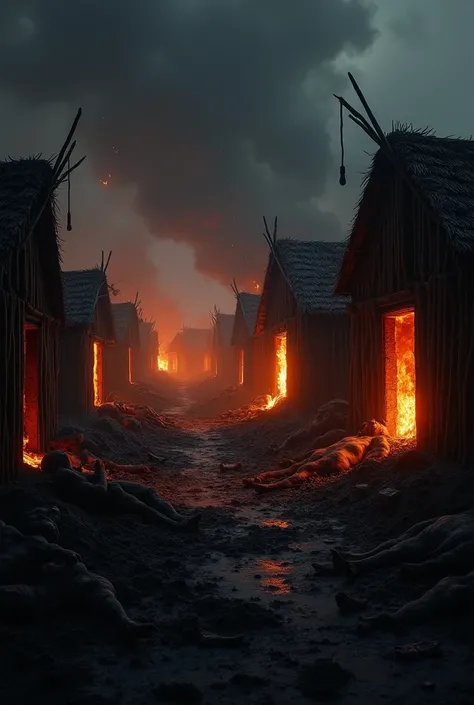 Burnt huts and people burned in them in the dark of night