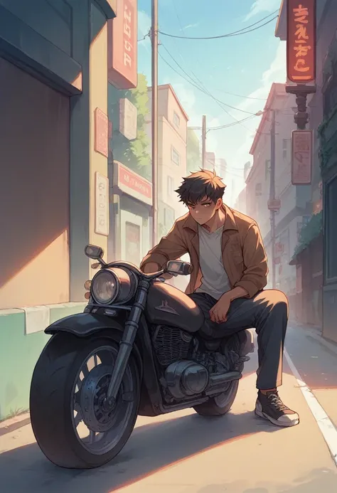 A tomboy girl with short hair, masculine features, no makeup, sitting on a modern motorcycle with a matte black finish on an urban street at dusk. The image should be realistic and convey confidence and strength.