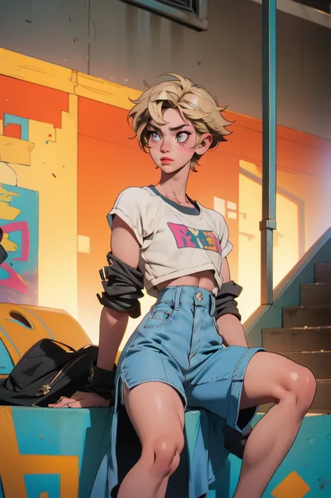 10-year-old boy (Androgynous appearance) with short wavy blonde hair, hazel eyes, flat chest, wearing a white tank top with a colorful print, hazel Bermuda shorts, posing sitting on a staircase with graffiti, upper body, concrete staircase background with ...