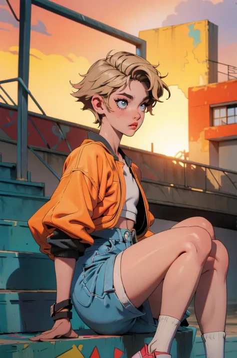 10-year-old boy (Androgynous appearance) with short wavy blonde hair, hazel eyes, flat chest, wearing a white tank top with a colorful print, hazel Bermuda shorts, posing sitting on a staircase with graffiti, upper body, concrete staircase background with ...