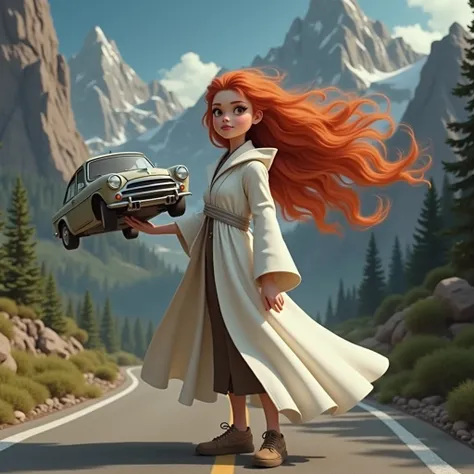 Background mountain road,Red long hair,White robe,girl,Exaggerated expression,Holding a car in one hand