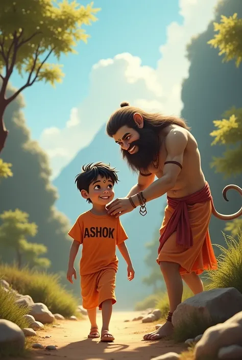 1 boy walking and hanuman coming after him and hanumans hand putting on Boy head on mountains. Both are smiling. boy is wearing saffron t-shirt and name "Ashok" write on it with bold. he looks very realistic, cute, tilak Deccan on your head, and happy. ver...