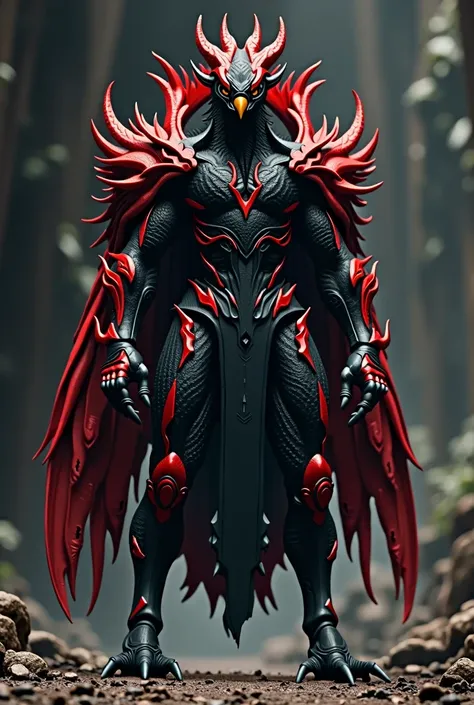 a humanoid character, inspired by a peacock, with black down and red details on it, in combat position 