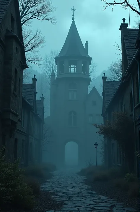 Exterior of the Haunted Palace: A 3D animated view of the old, eerie palace in the middle of a foggy, dark village night. The palace is worn down, with broken windows and overgrown vines, surrounded by an ominous mist