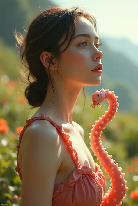 A realistic and detailed image of a young woman with a smooth, tentacle-like arm in a bright outdoor setting, with natural daylight as the light source. The tentacle arm should not have any suction cups and should have a smooth, organic appearance without ...