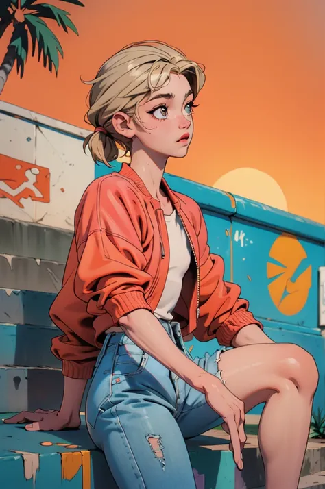 10-year-old boy (Androgynous appearance) with short wavy blonde hair, hazel eyes, flat chest, wearing a white tank top with a colorful print, hazel Bermuda shorts, posing sitting on a staircase with graffiti, upper body, concrete staircase background with ...